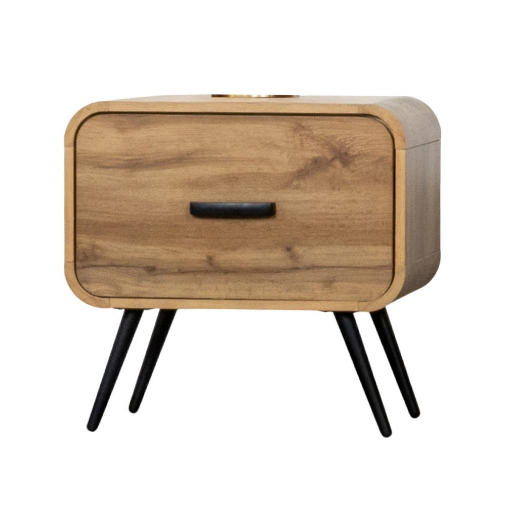 Wea Bed Side End Table | 1 Drawer | Black Angled Legs | Natural Oak Brown
