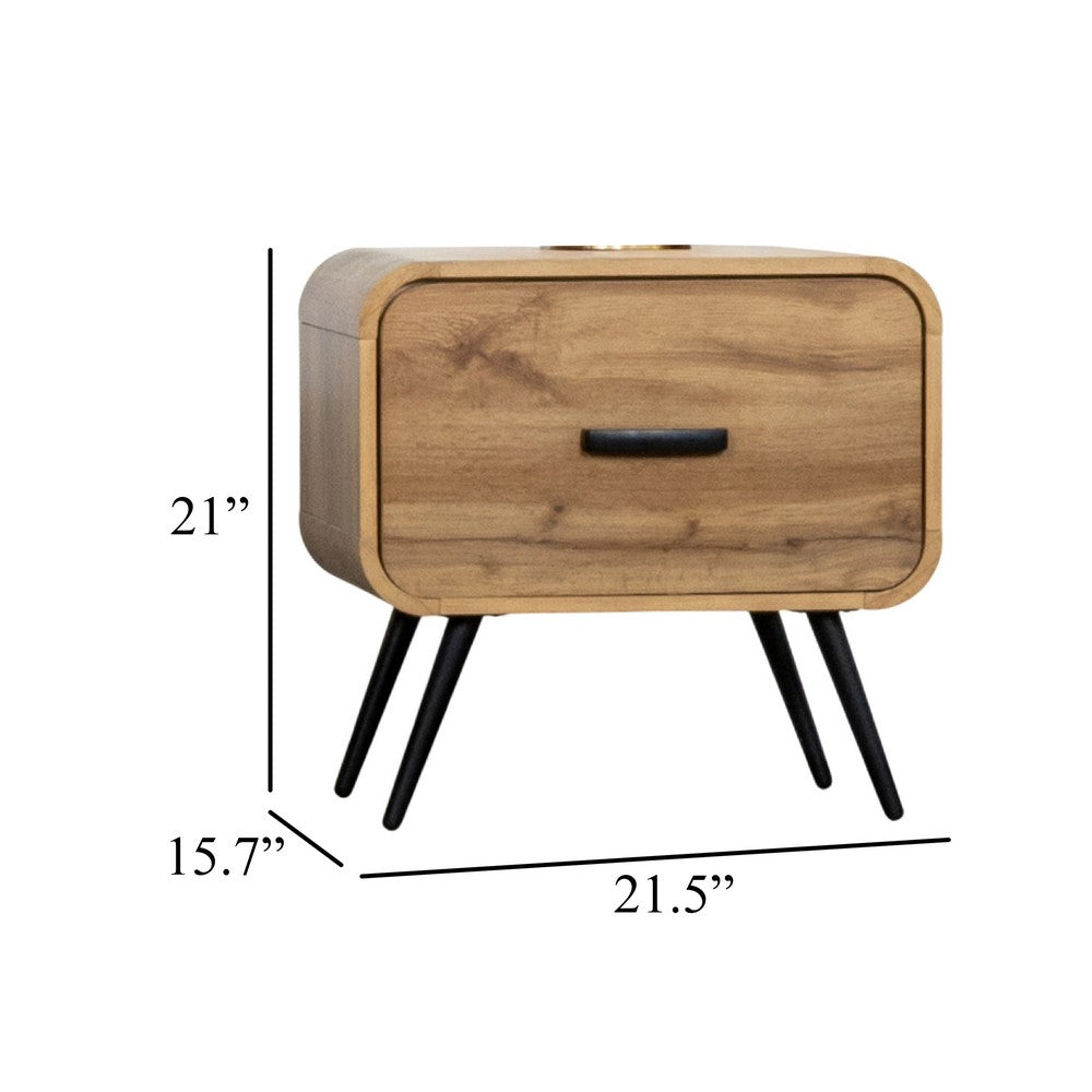 Wea Bed Side End Table | 1 Drawer | Black Angled Legs | Natural Oak Brown