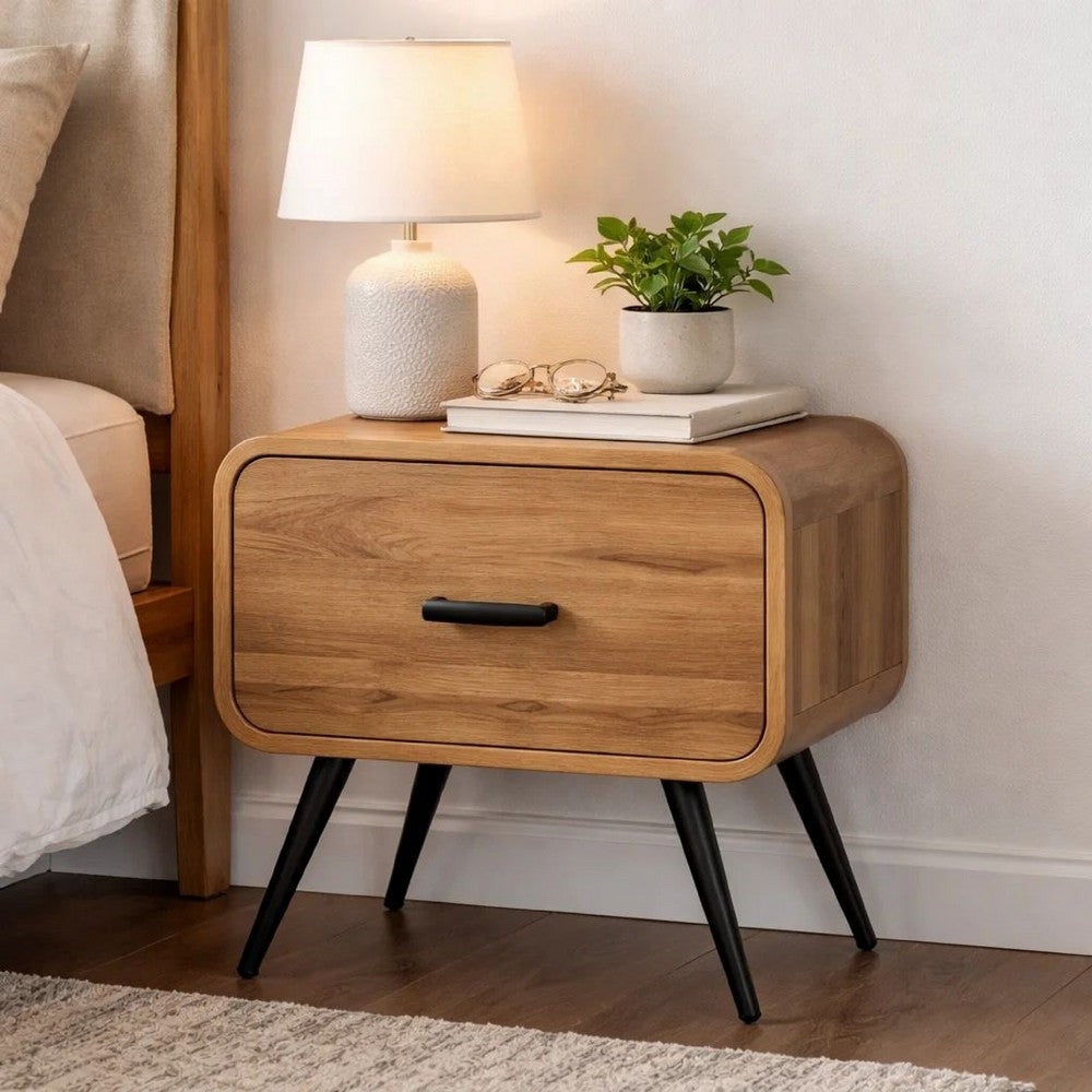 Wea Bed Side End Table | 1 Drawer | Black Angled Legs | Natural Oak Brown