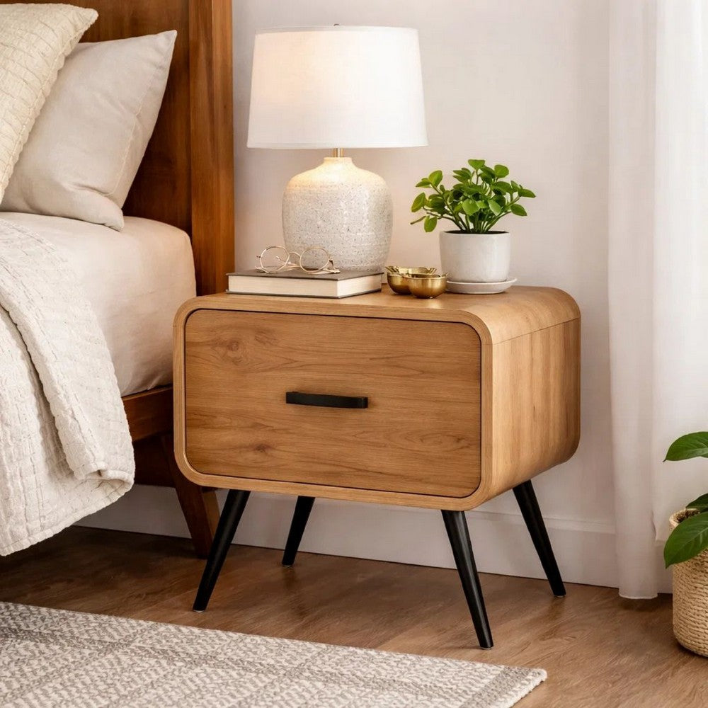 Wea Bed Side End Table | 1 Drawer | Black Angled Legs | Natural Oak Brown
