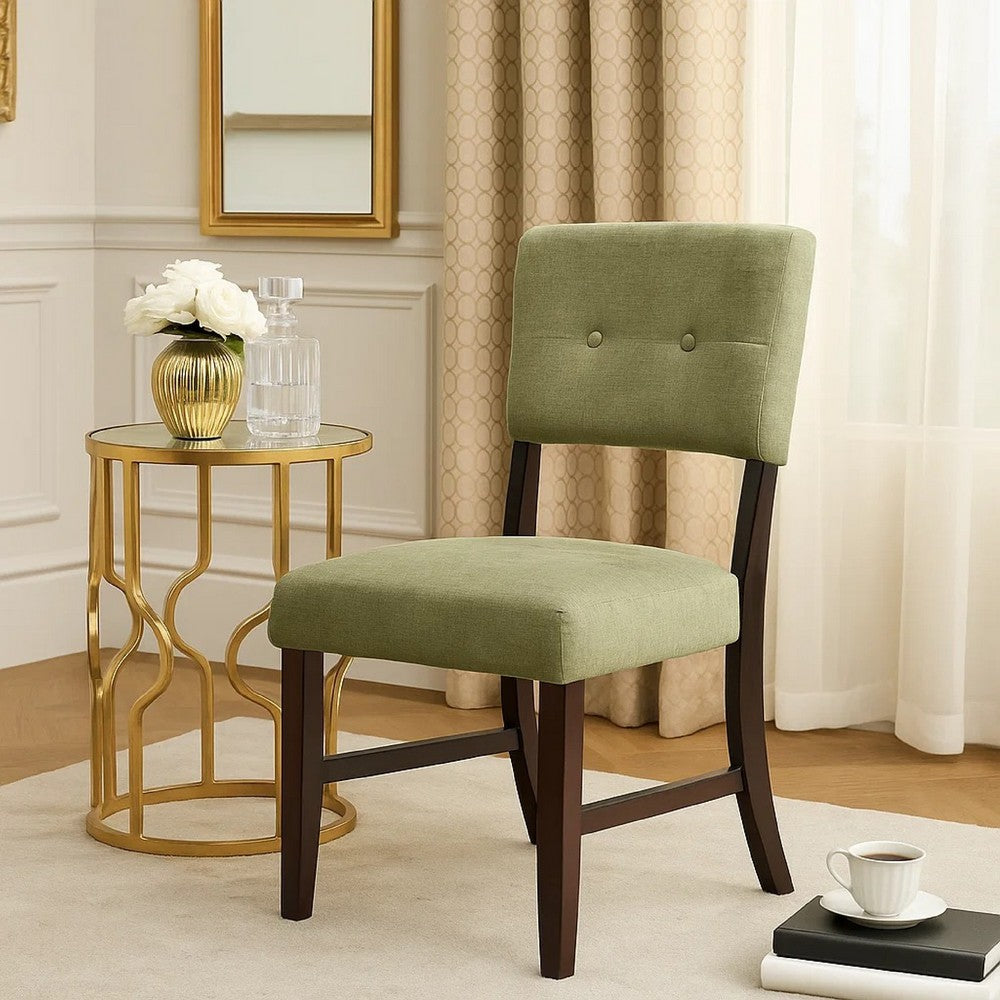 Tery Dining Side Chair Set of 2 | Tufted Green Backrest | Cherry Brown