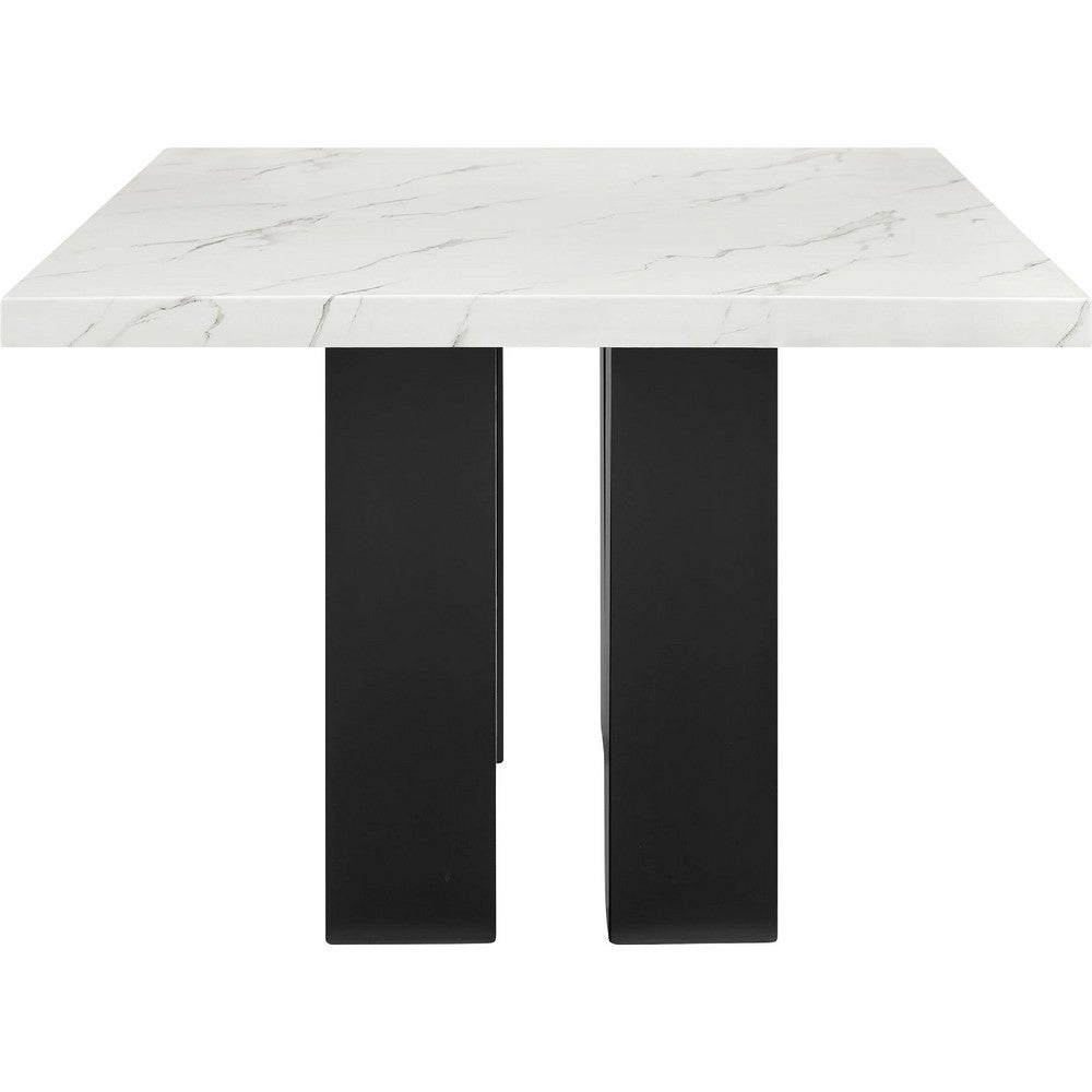 Riac Dining Table | 68" | White Faux Marble Top | Black Panel Legs