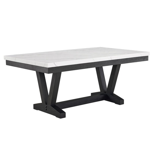 Vinz Dining Table | 72" White Faux Marble Top | Black Trestle Base