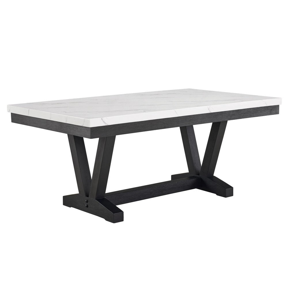 Vinz Dining Table | 72" White Faux Marble Top | Black Trestle Base