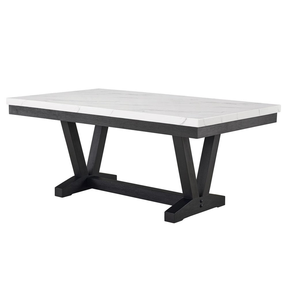 Vinz Dining Table | 72" White Faux Marble Top | Black Trestle Base