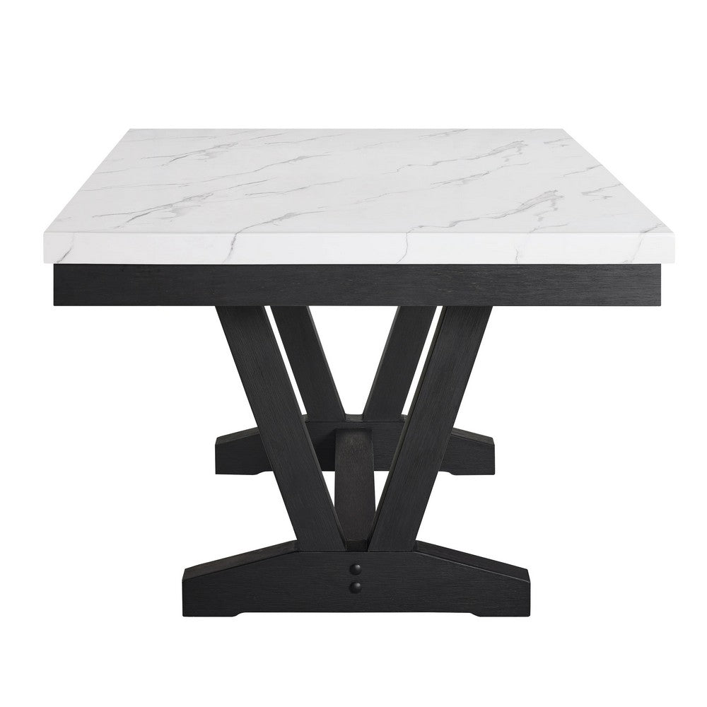 Vinz Dining Table | 72" White Faux Marble Top | Black Trestle Base