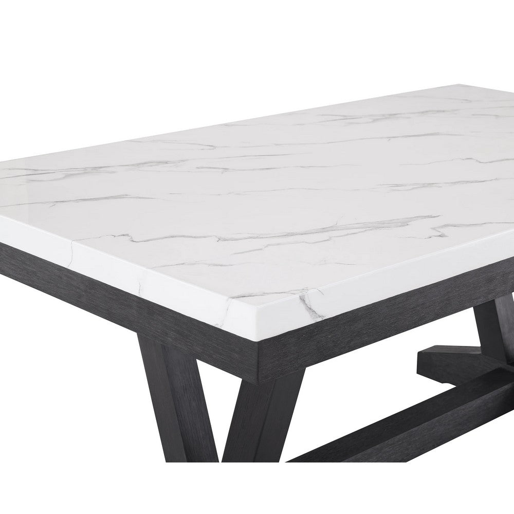 Vinz Dining Table | 72" White Faux Marble Top | Black Trestle Base