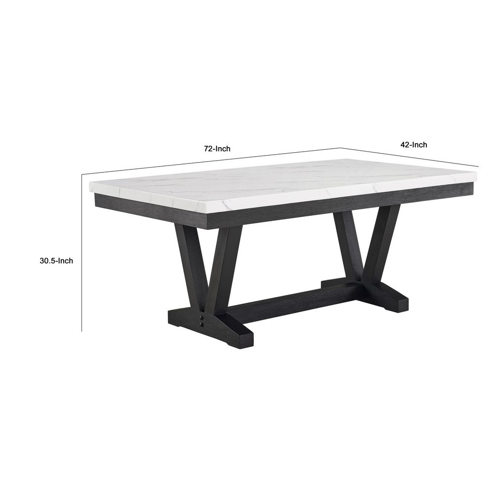 Vinz Dining Table | 72" White Faux Marble Top | Black Trestle Base