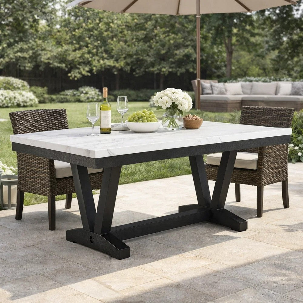 Vinz Dining Table | 72" White Faux Marble Top | Black Trestle Base