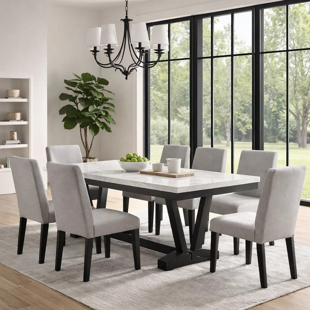Vinz Dining Table | 72" White Faux Marble Top | Black Trestle Base