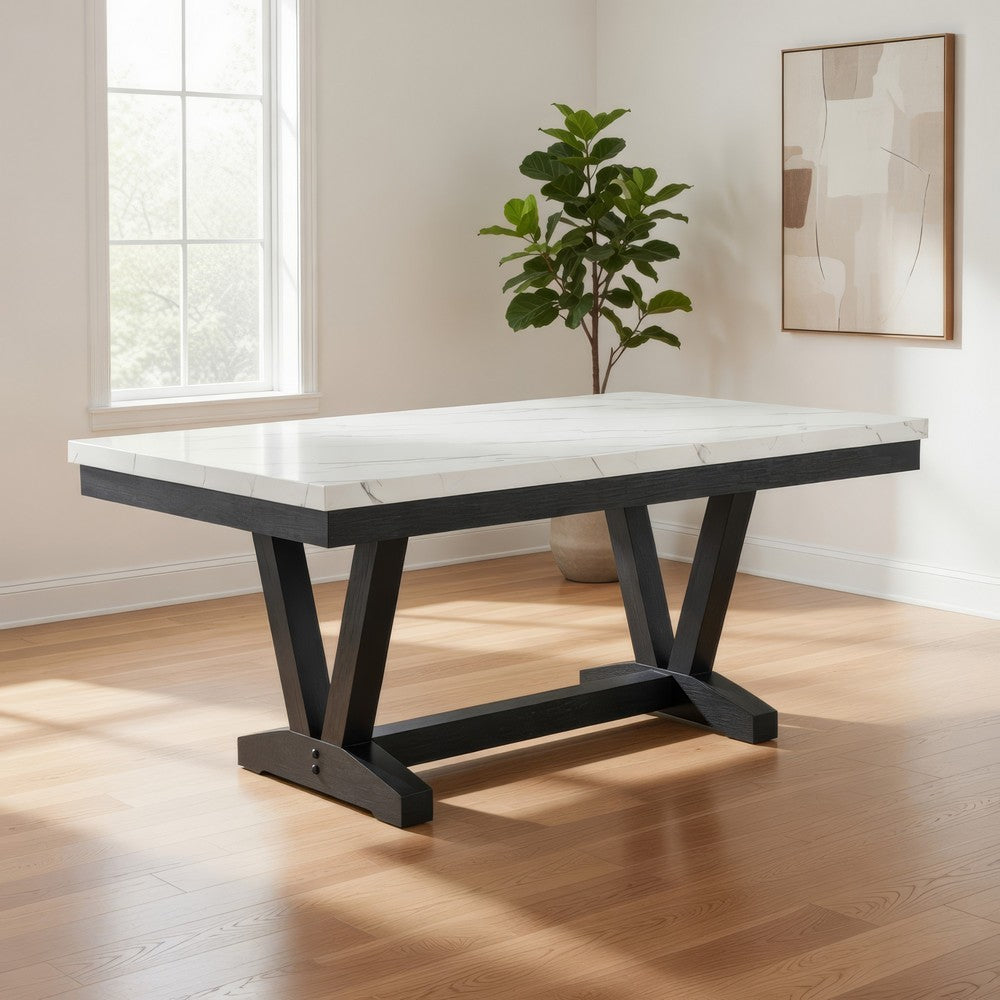 Vinz Dining Table | 72" White Faux Marble Top | Black Trestle Base
