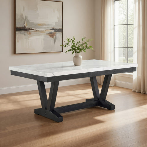 Vinz Dining Table | 72" White Faux Marble Top | Black Trestle Base