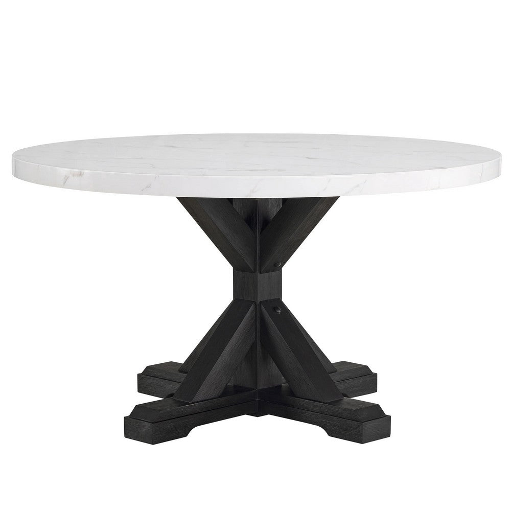 Vinz Dining Table | 54" Round White Faux Marble Top | Black Trestle Base