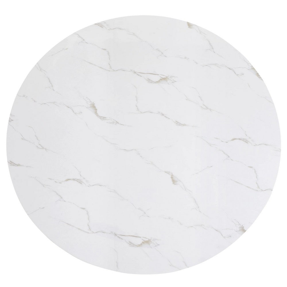Vinz Dining Table | 54" Round White Faux Marble Top | Black Trestle Base