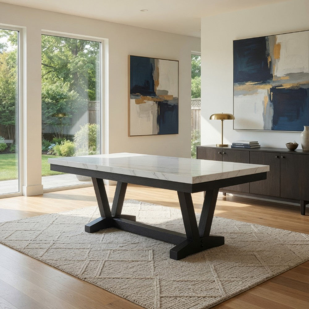 Viem Dining Table | 72" Rectangular White Marble Top | Black Open Base