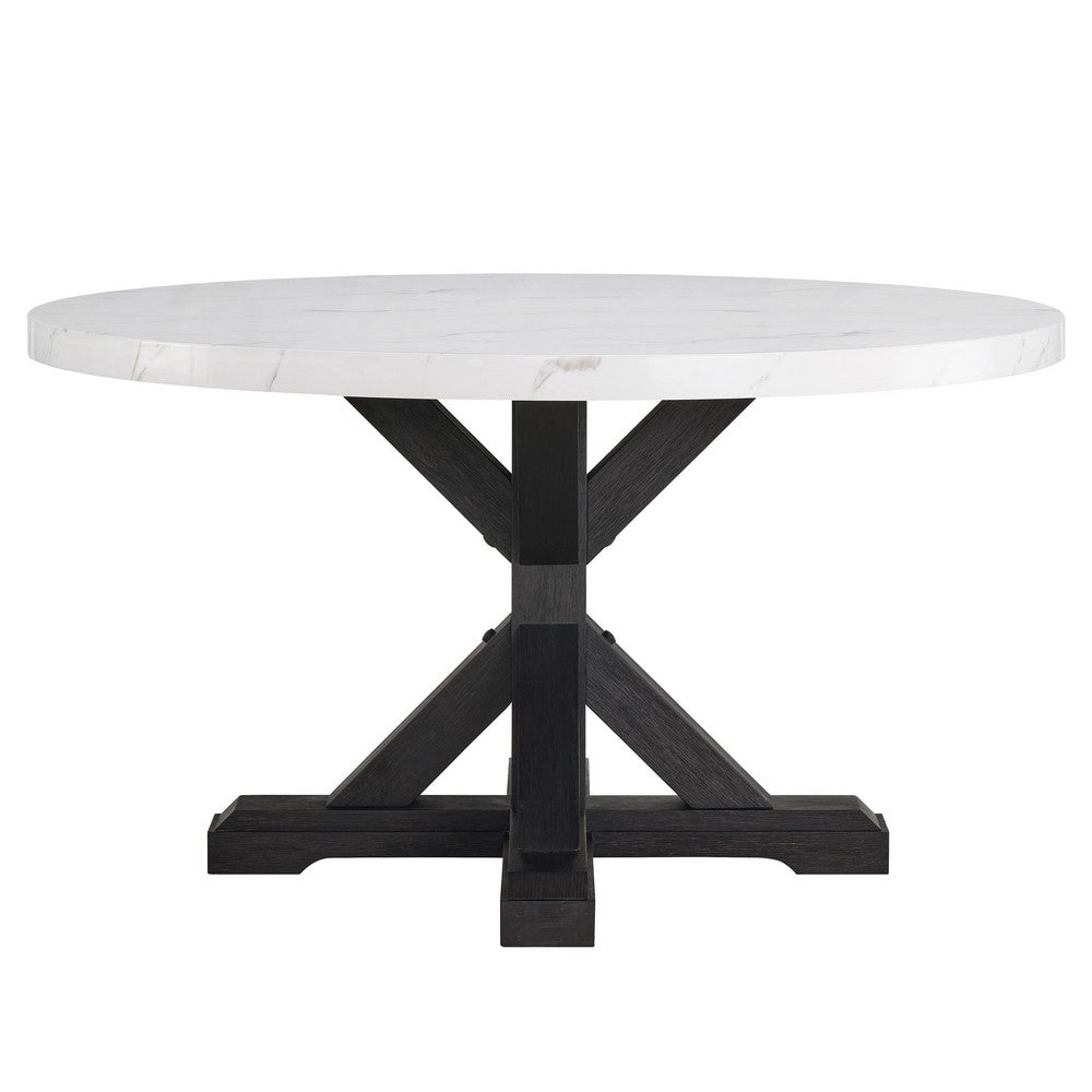 Viem Dining Table | 54" Round White Marble Top | Black Pedestal Base