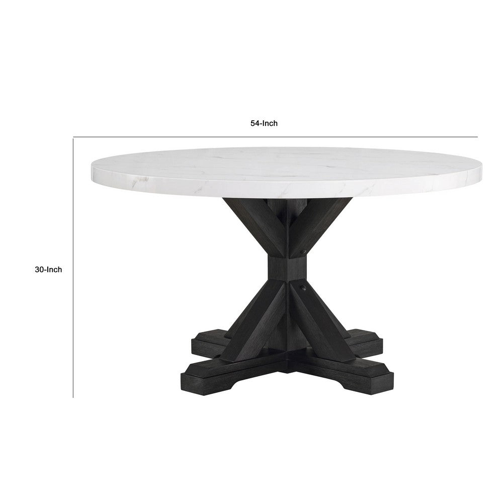 Viem Dining Table | 54" Round White Marble Top | Black Pedestal Base