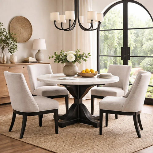 Viem Dining Table | 54" Round White Marble Top | Black Pedestal Base