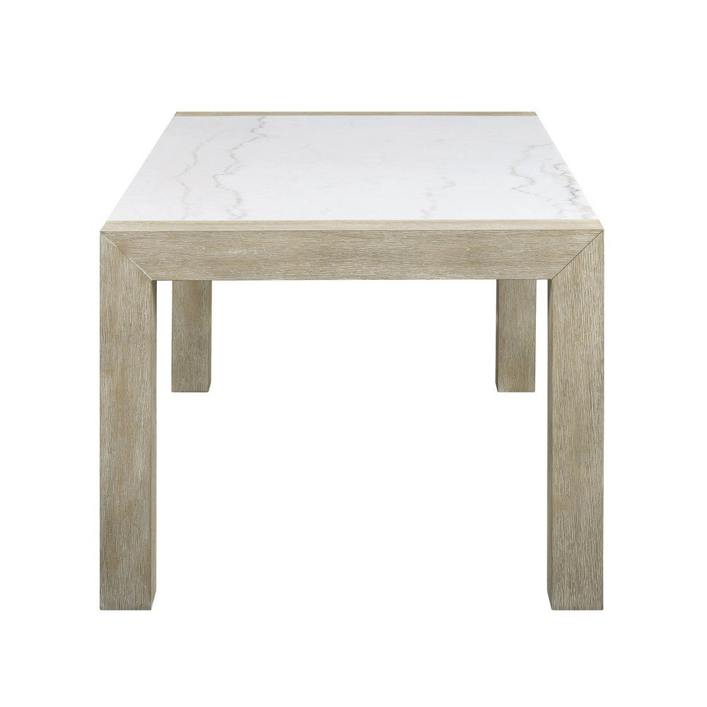 Koji Dining Table | 66" White Marble Top | Light Brown Wood Legs
