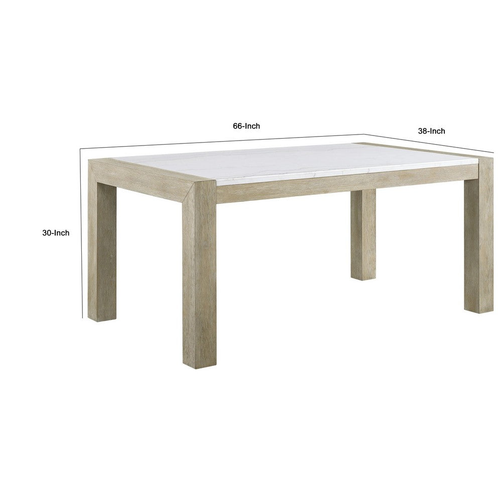 Koji Dining Table | 66" White Marble Top | Light Brown Wood Legs