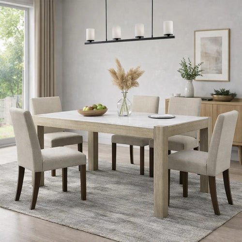 Koji Dining Table | 66" White Marble Top | Light Brown Wood Legs