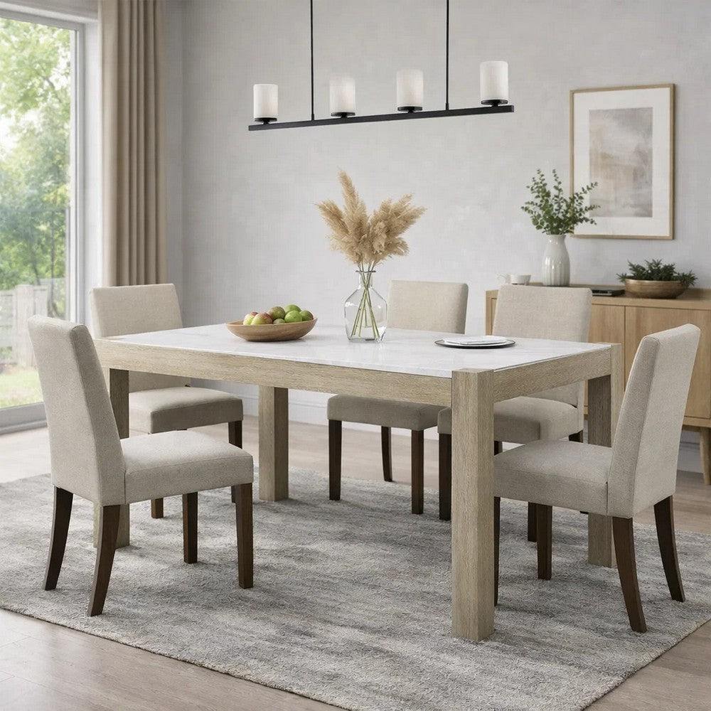 Koji Dining Table | 66" White Marble Top | Light Brown Wood Legs