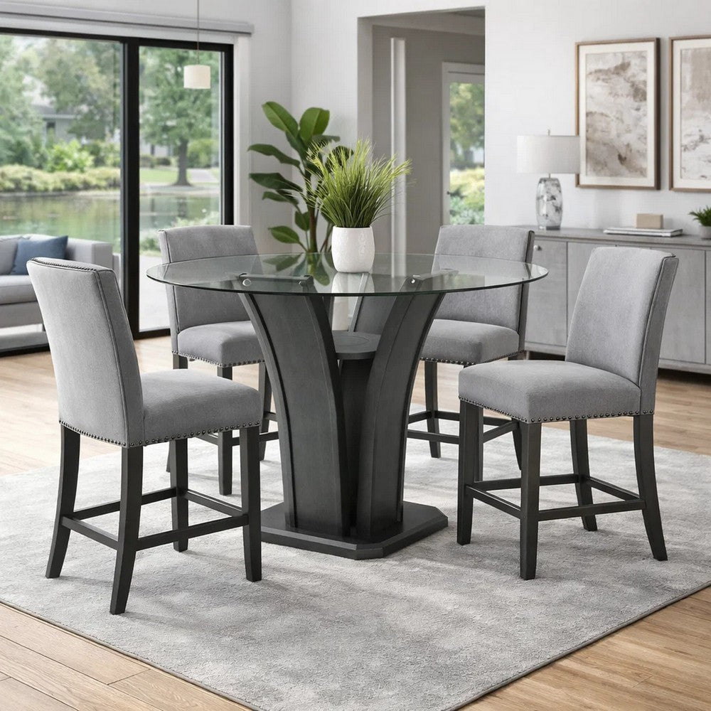 Brandon Counter Height Table | 54" Glass Top | Glam Dark Gray Pedestal