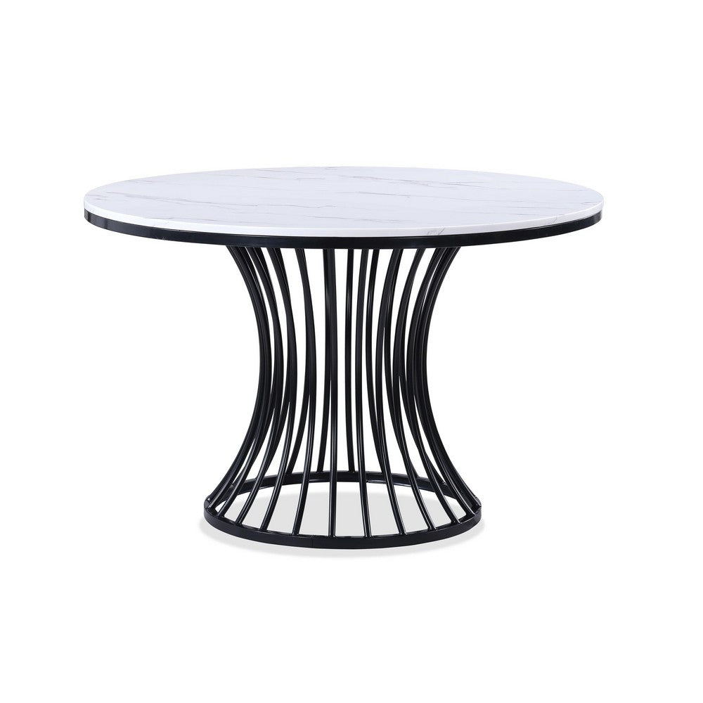 Haly Dining Table | 48" Round White Faux Marble Top | Black Cage Base