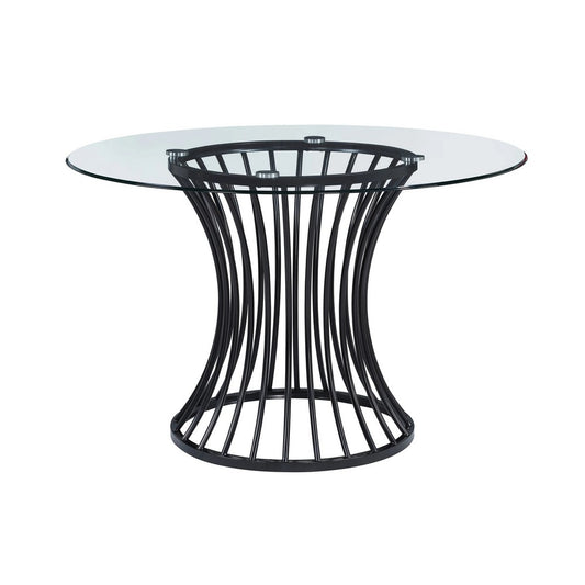 Ticy Dining Table | 48" Round Glass Top | Black Iron Cagelike Base