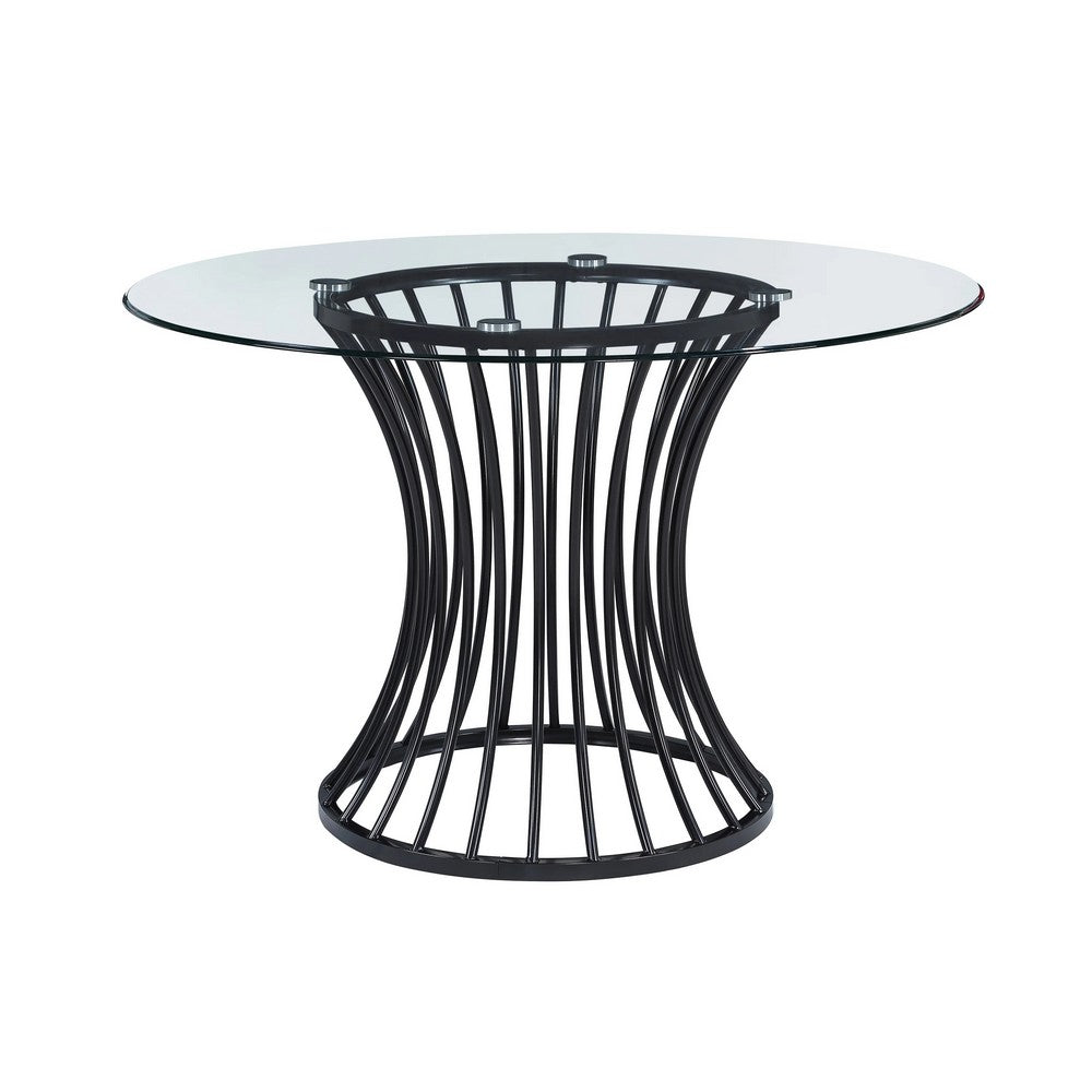 Ticy Dining Table | 48" Round Glass Top | Black Iron Cagelike Base