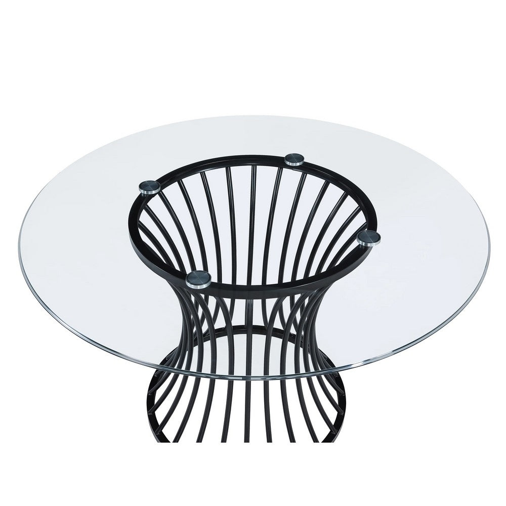 Ticy Dining Table | 48" Round Glass Top | Black Iron Cagelike Base