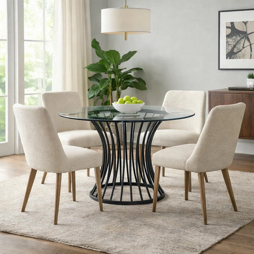 Ticy Dining Table | 48" Round Glass Top | Black Iron Cagelike Base