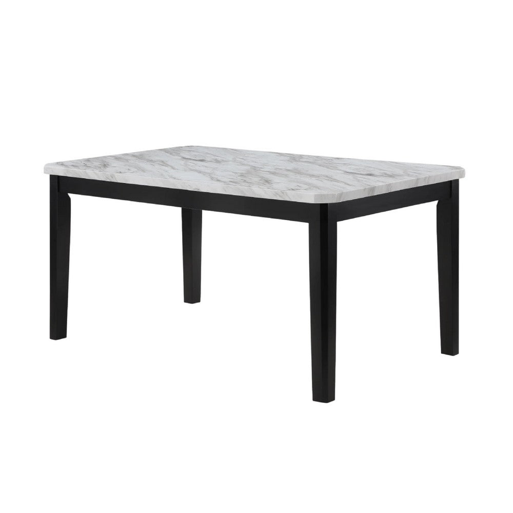 Pazy Dining Table | 64" White Faux Marble Top | Black Tapered Legs