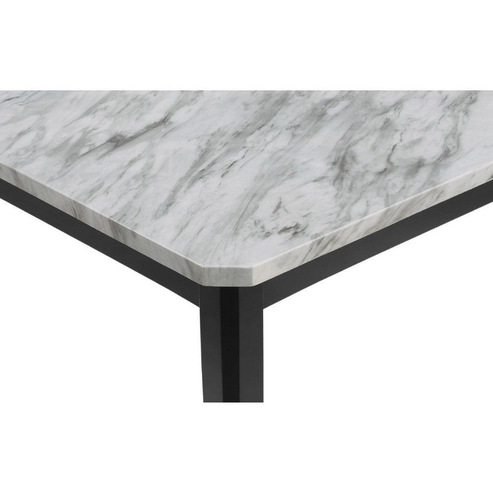 Pazy Dining Table | 64" White Faux Marble Top | Black Tapered Legs