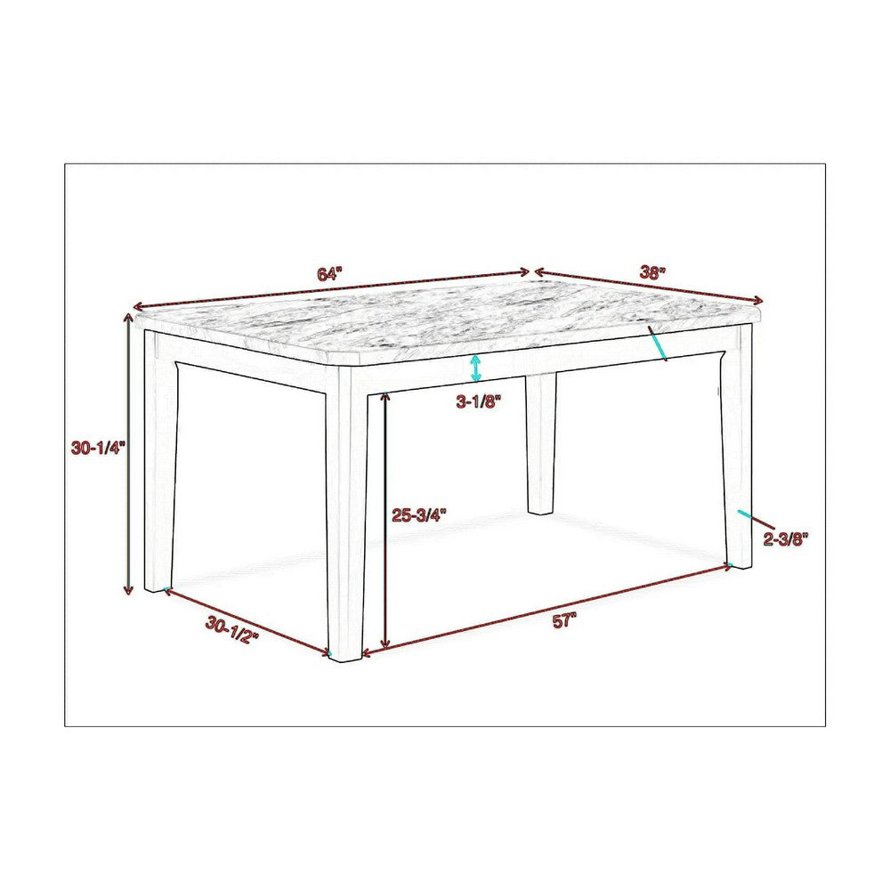 Pazy Dining Table | 64" White Faux Marble Top | Black Tapered Legs
