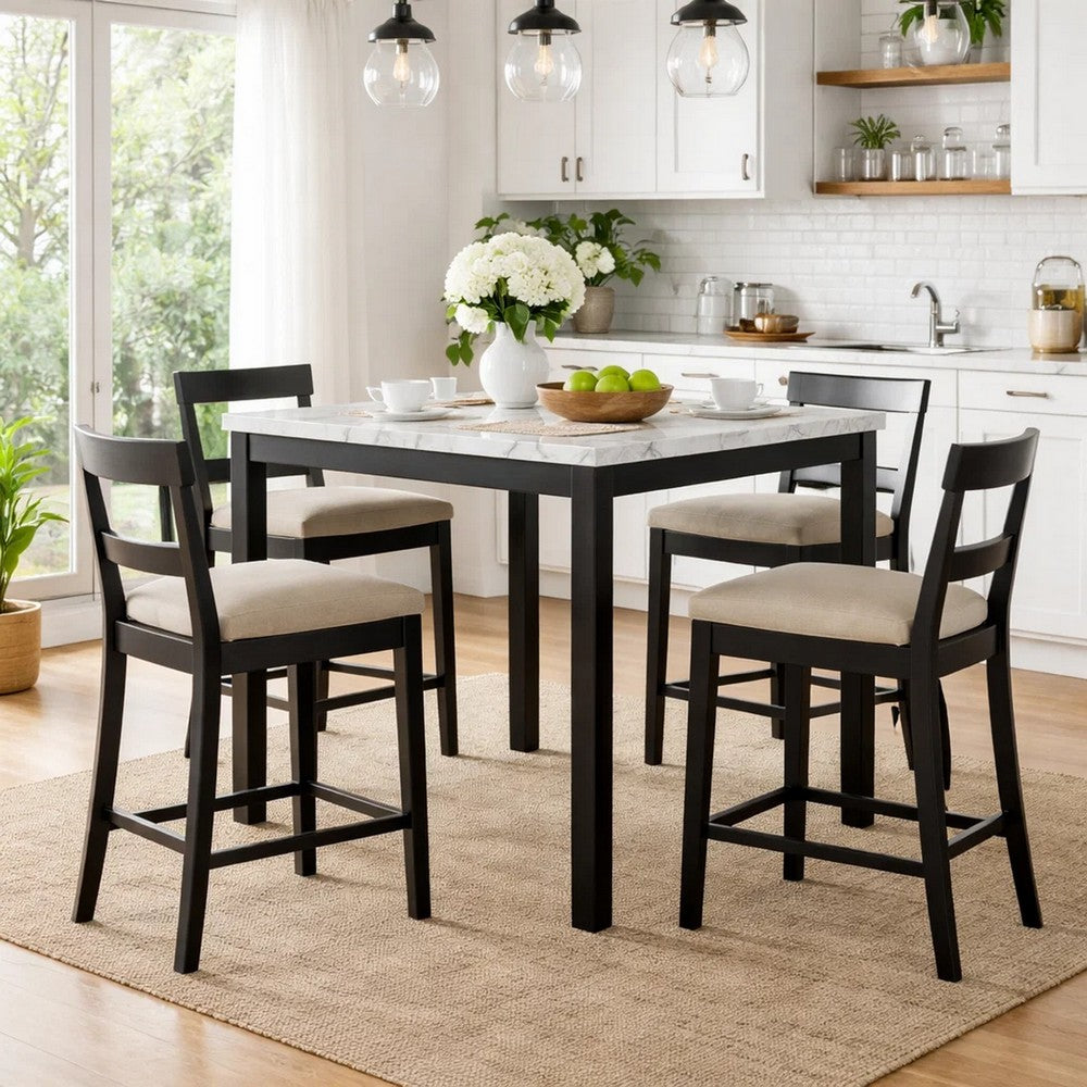 Pazy Counter Height Table | 48" White Faux Marble Top | Black Legs