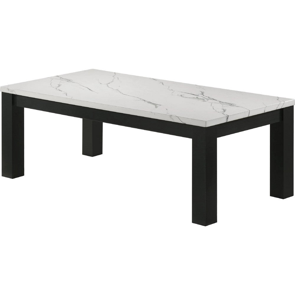 Evie 3pc Coffee and End Table Set | White Faux Marble Top | Black