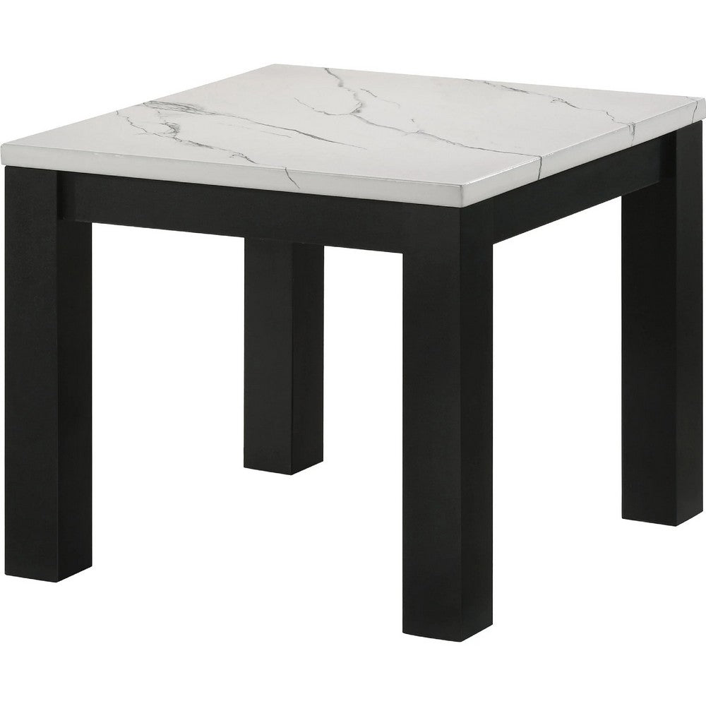 Evie 3pc Coffee and End Table Set | White Faux Marble Top | Black