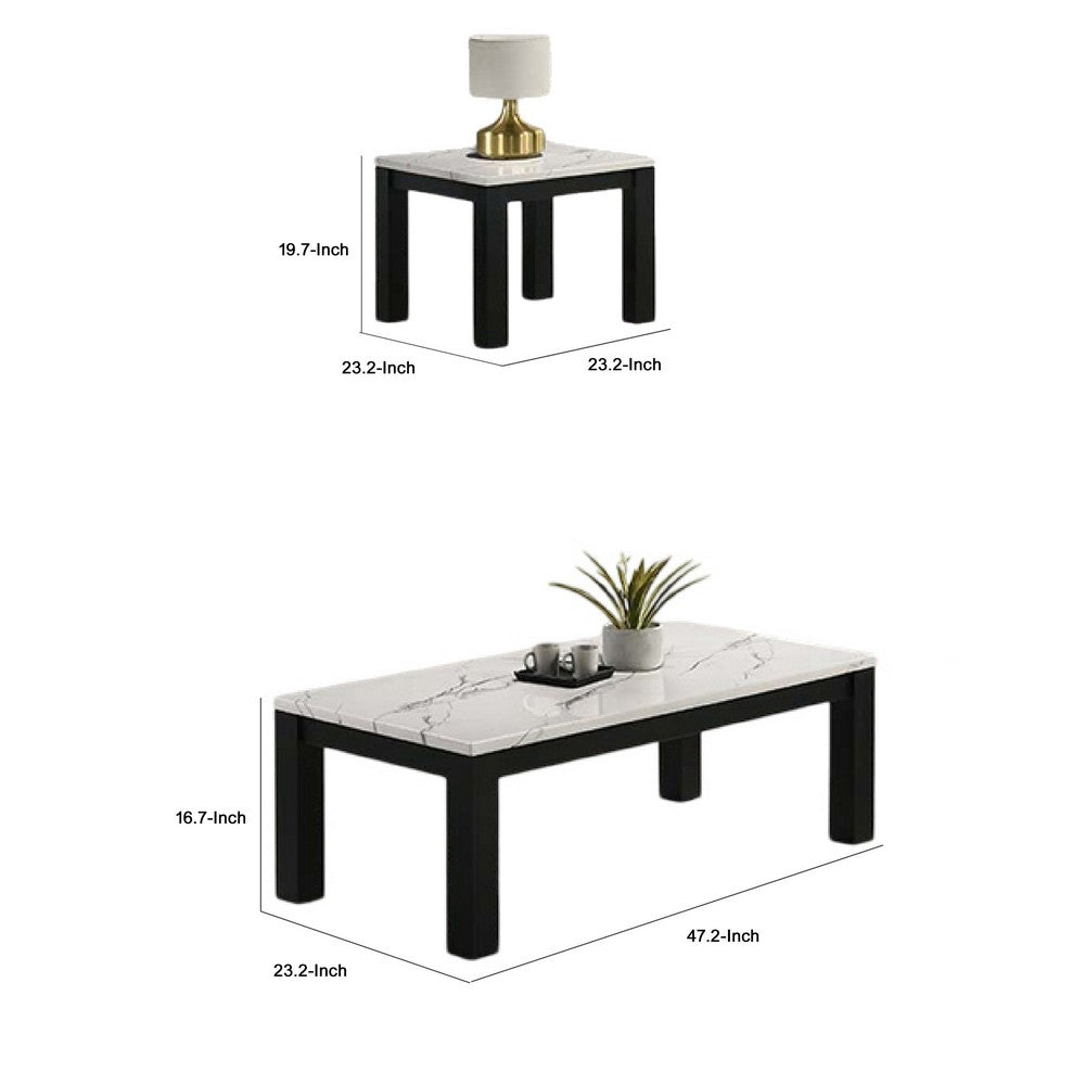 Evie 3pc Coffee and End Table Set | White Faux Marble Top | Black