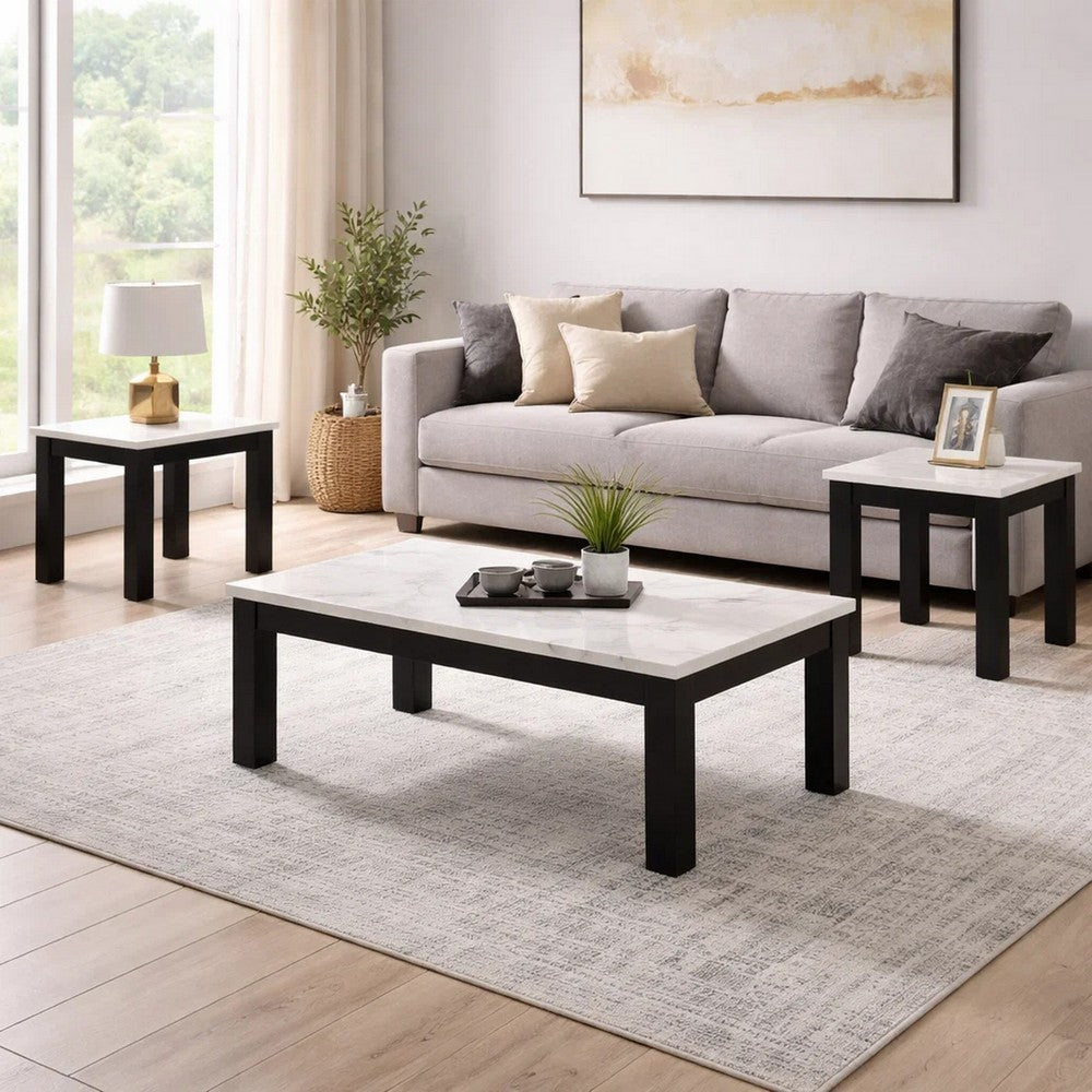 Evie 3pc Coffee and End Table Set | White Faux Marble Top | Black
