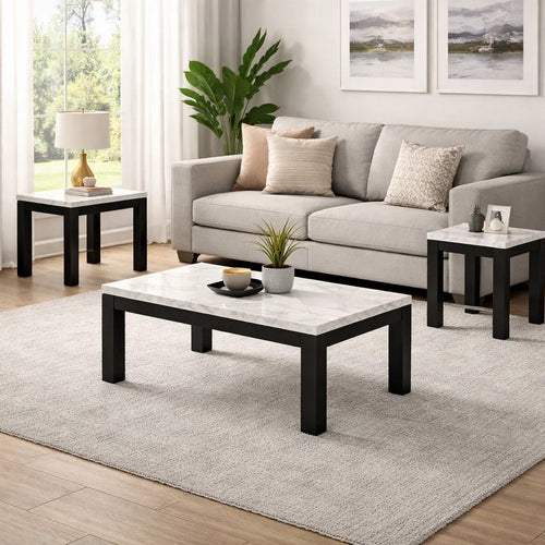 Evie 3pc Coffee and End Table Set | White Faux Marble Top | Black