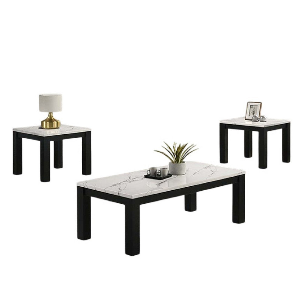Evie 3pc Coffee and End Table Set | White Faux Marble Top | Black