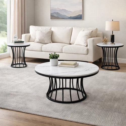 Haly 3pc Coffee and End Table Set | White Faux Marble Top | Black Cage Base