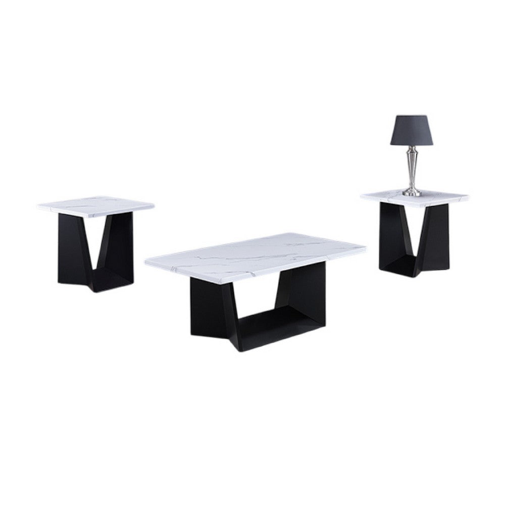 Ady 3pc Coffee and End Table Set | Rectangular White Faux Marble Top | Black