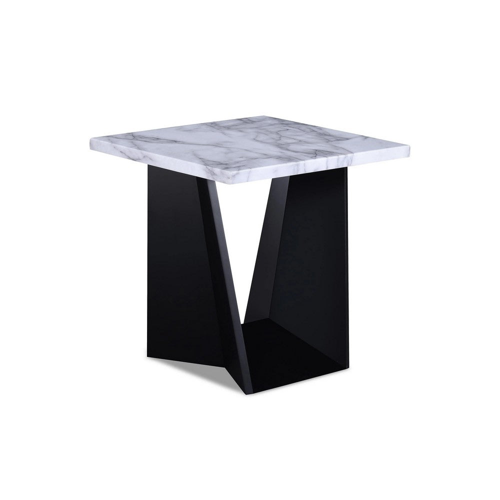 Ady 3pc Coffee and End Table Set | Rectangular White Faux Marble Top | Black