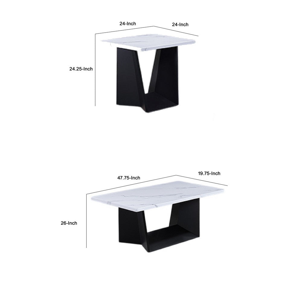 Ady 3pc Coffee and End Table Set | Rectangular White Faux Marble Top | Black