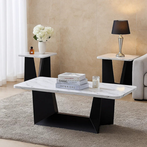 Ady 3pc Coffee and End Table Set | Rectangular White Faux Marble Top | Black