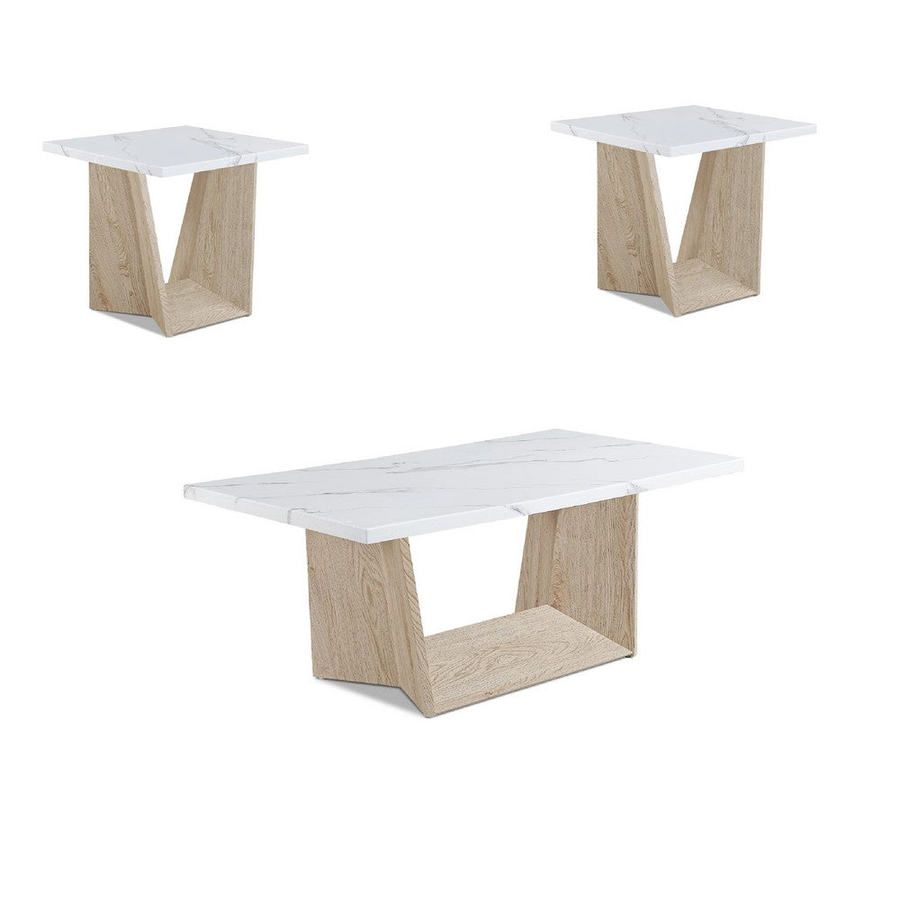 Ady 3pc Coffee and End Table Set | Rectangular Faux Marble Top | White Oak Base