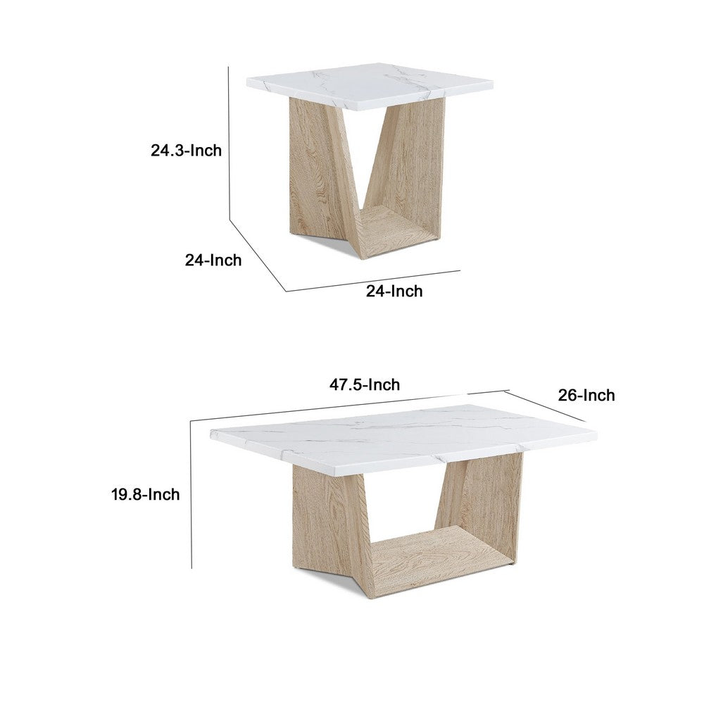 Ady 3pc Coffee and End Table Set | Rectangular Faux Marble Top | White Oak Base