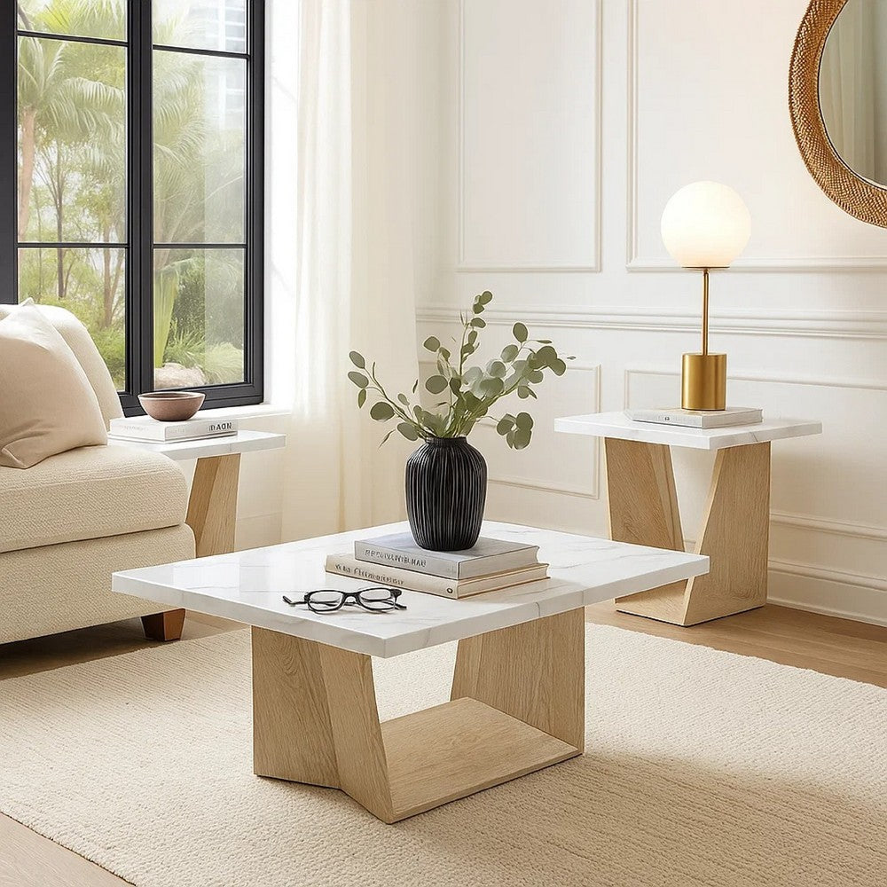 Ady 3pc Coffee and End Table Set | Rectangular Faux Marble Top | White Oak Base
